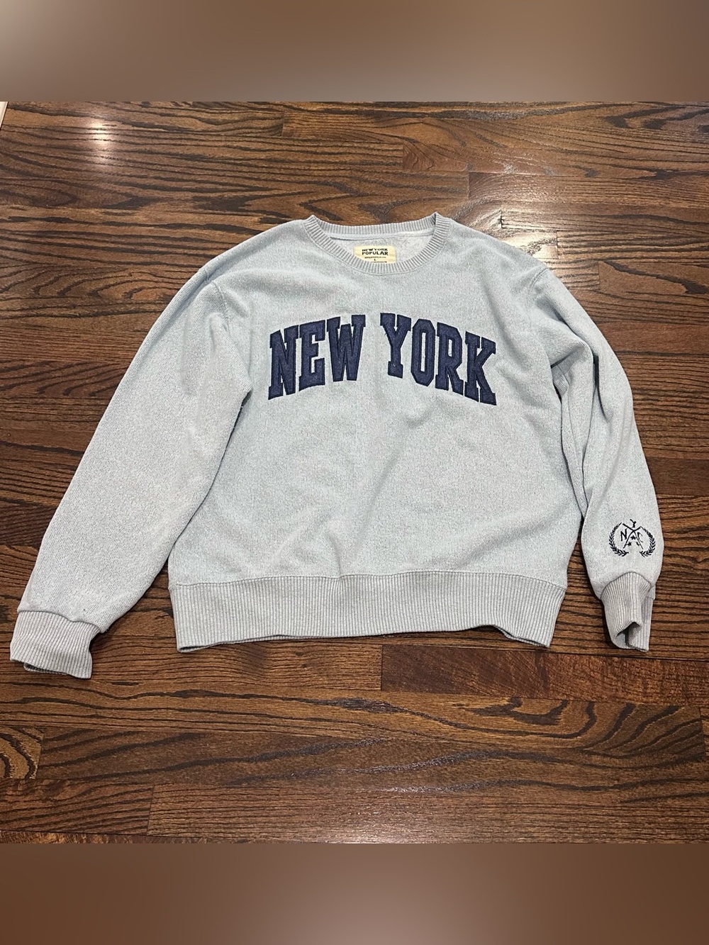 NEW YORK Crewneck Sweater in Light Blue with Navy Letters